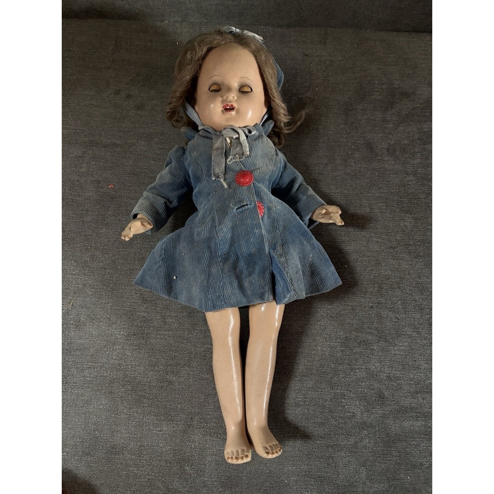 Vintage 1940s Ideal Composition Brown Hair Curly Doll 18" With Flirty Eyes